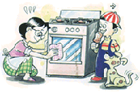 가스오븐렌지사용에대한 요령이미지 - 가스오븐렌지를 행주로 유리 및 내부를 청소.