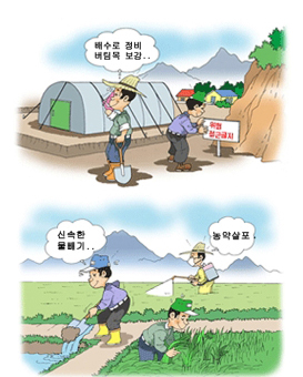 배수로 정비 버팀목 보강.. , 신속한 물빼기.. 농약살포