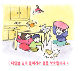 테이블 밑에 들어가서 몸을 보호합시다 물건 떨어지고 테이블 밑에 숨은 사진