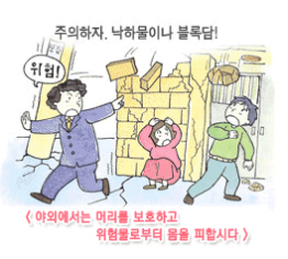 주의하자 낙하물이나 블록담! 야외에서는 머리를 보호하고 위험물로부터 몸을 피합시다