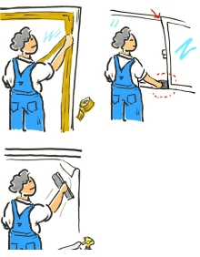 창문에 안깨지게 테이프 붙이고 채움재 보강, 안전 필름 붙이는 사진